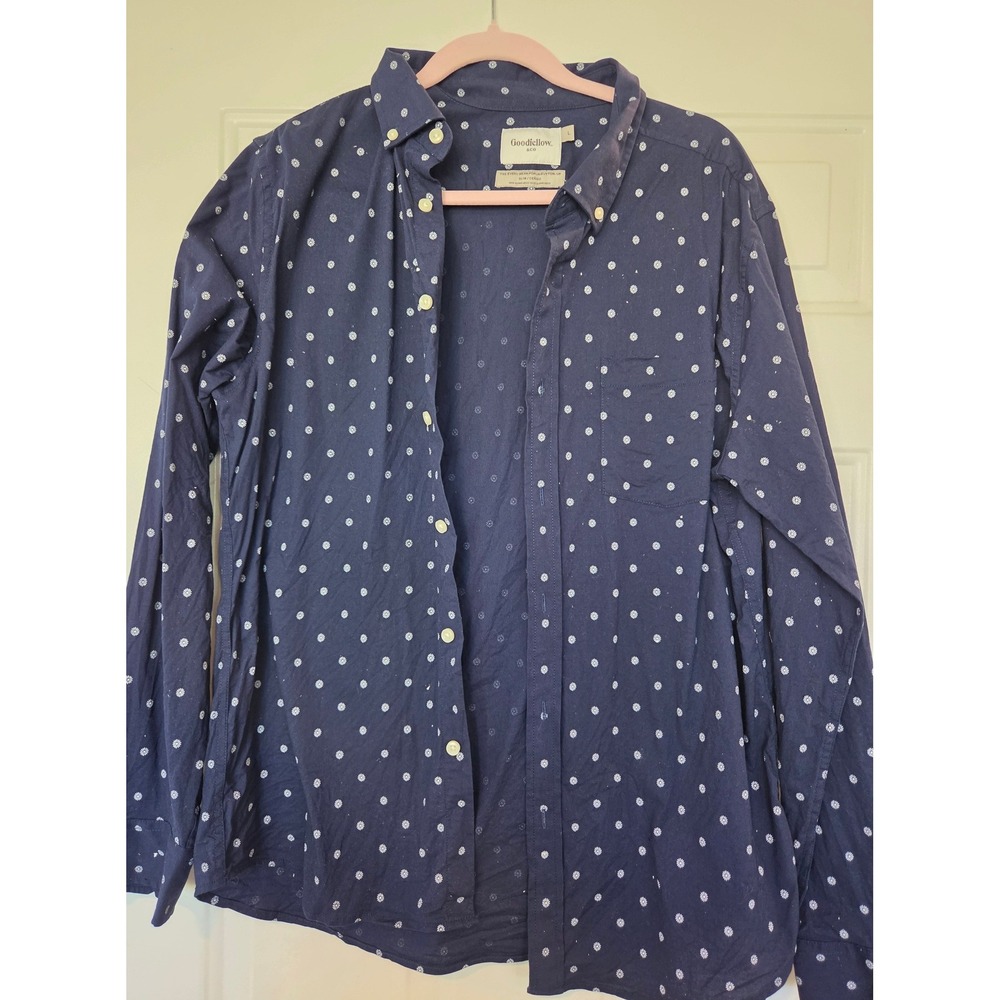 Goodfellow & Co Mens Slim Fit Poplin Button Up Shirt Navy Floral Polka Dot Large